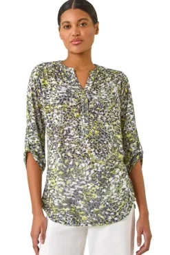 Tops>Roman Lime Animal Print Burnout V-Neck Shirt
