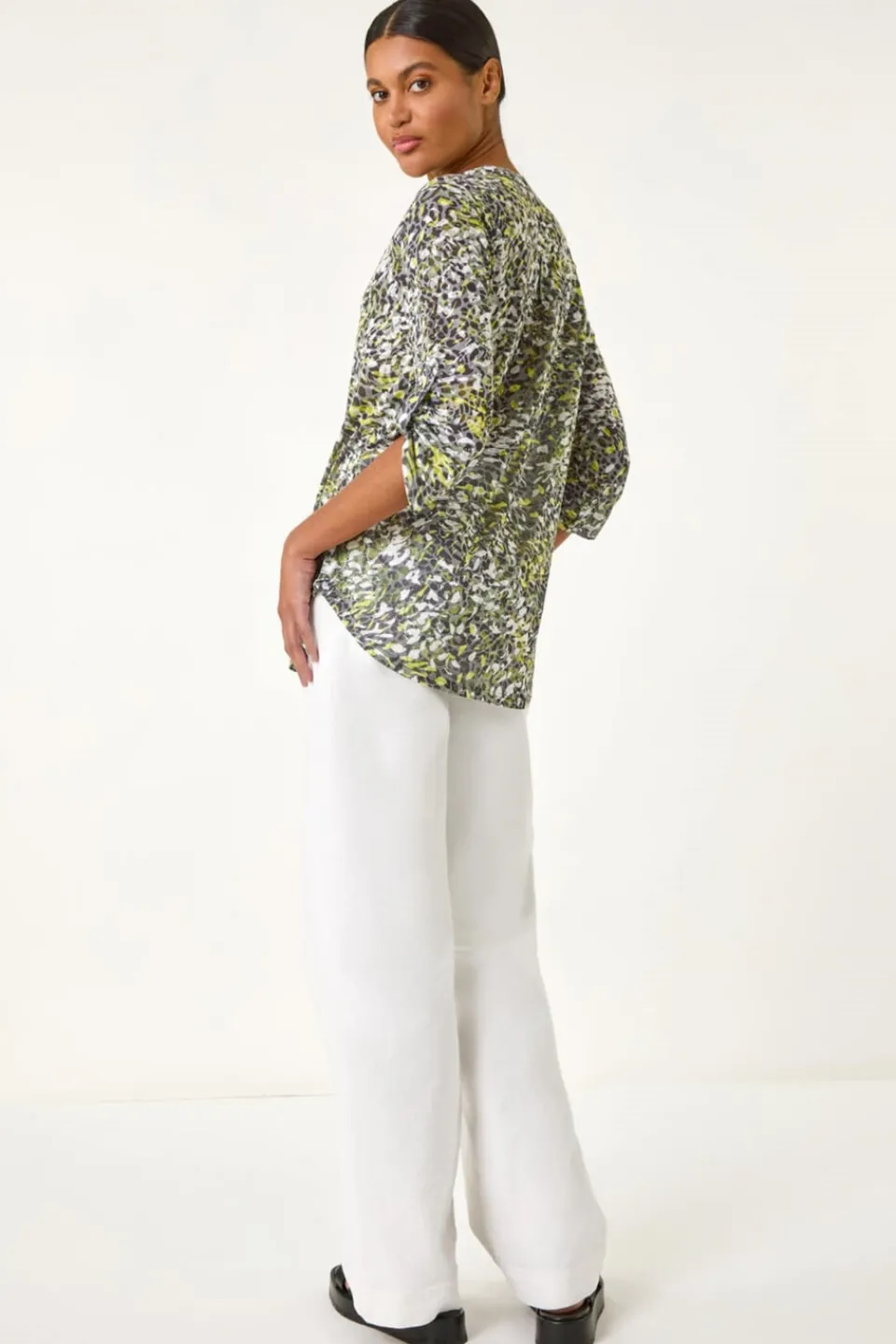 Tops>Roman Lime Animal Print Burnout V-Neck Shirt