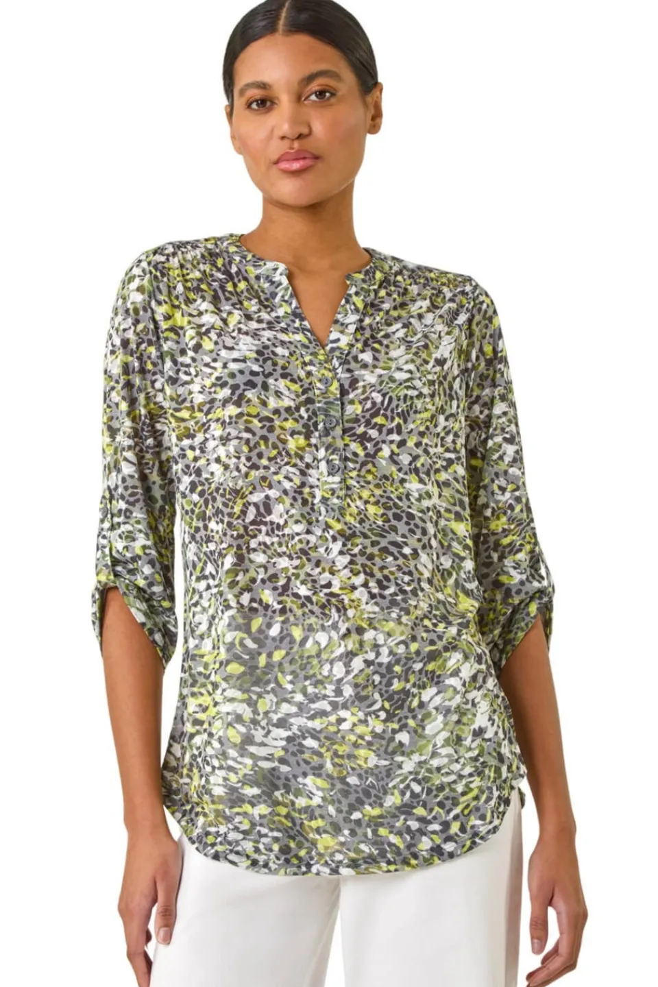 Tops>Roman Lime Animal Print Burnout V-Neck Shirt