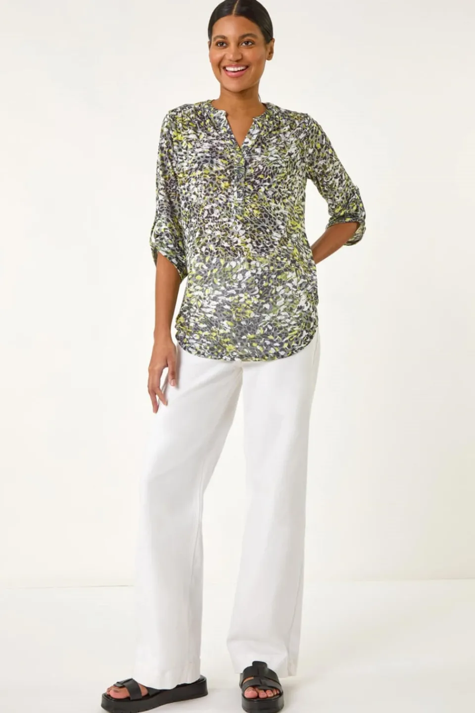Tops>Roman Lime Animal Print Burnout V-Neck Shirt