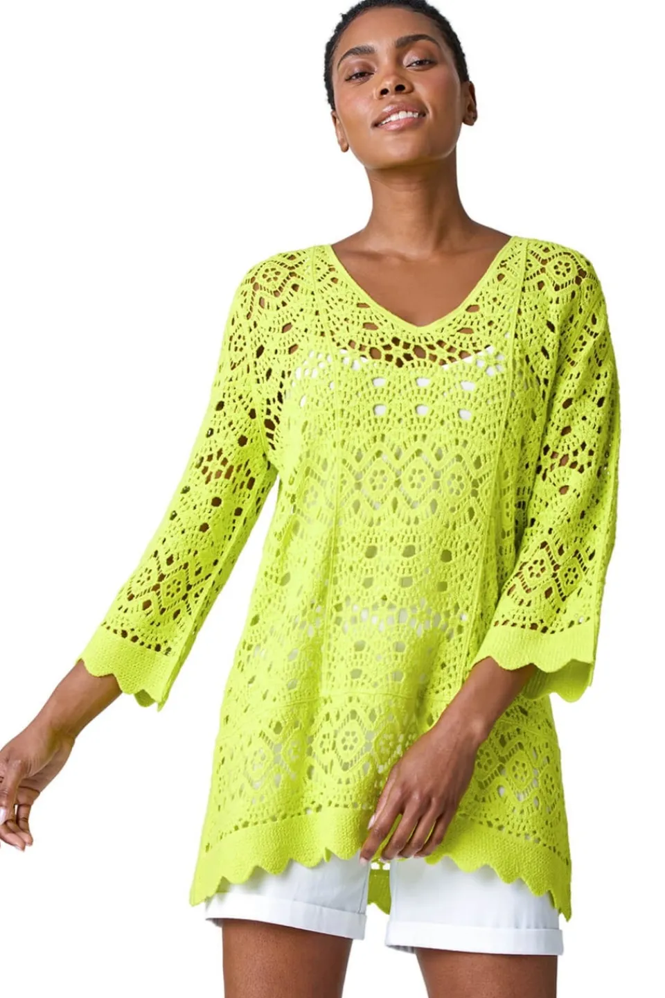 T-Shirts>Roman Cotton Crochet Tunic Top Lime