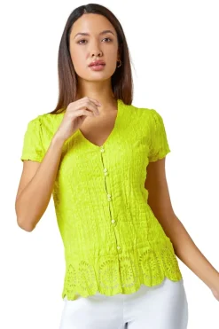 Tops>Roman Lime Cotton Embroidered V-Neck Crinkle Blouse