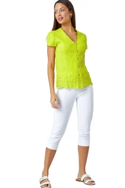 Tops>Roman Lime Cotton Embroidered V-Neck Crinkle Blouse