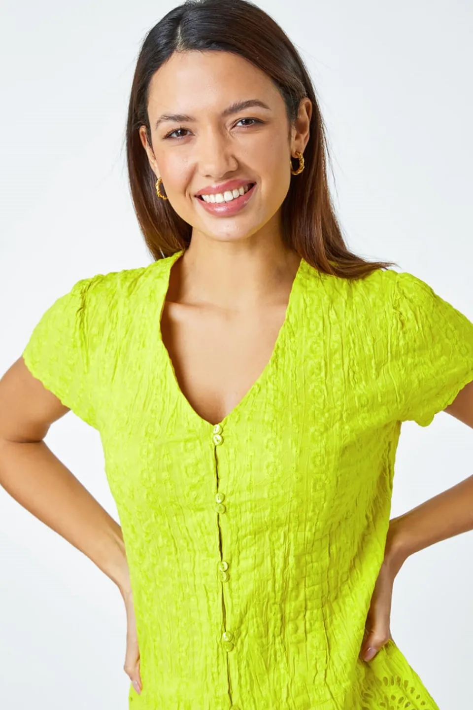 Tops>Roman Lime Cotton Embroidered V-Neck Crinkle Blouse