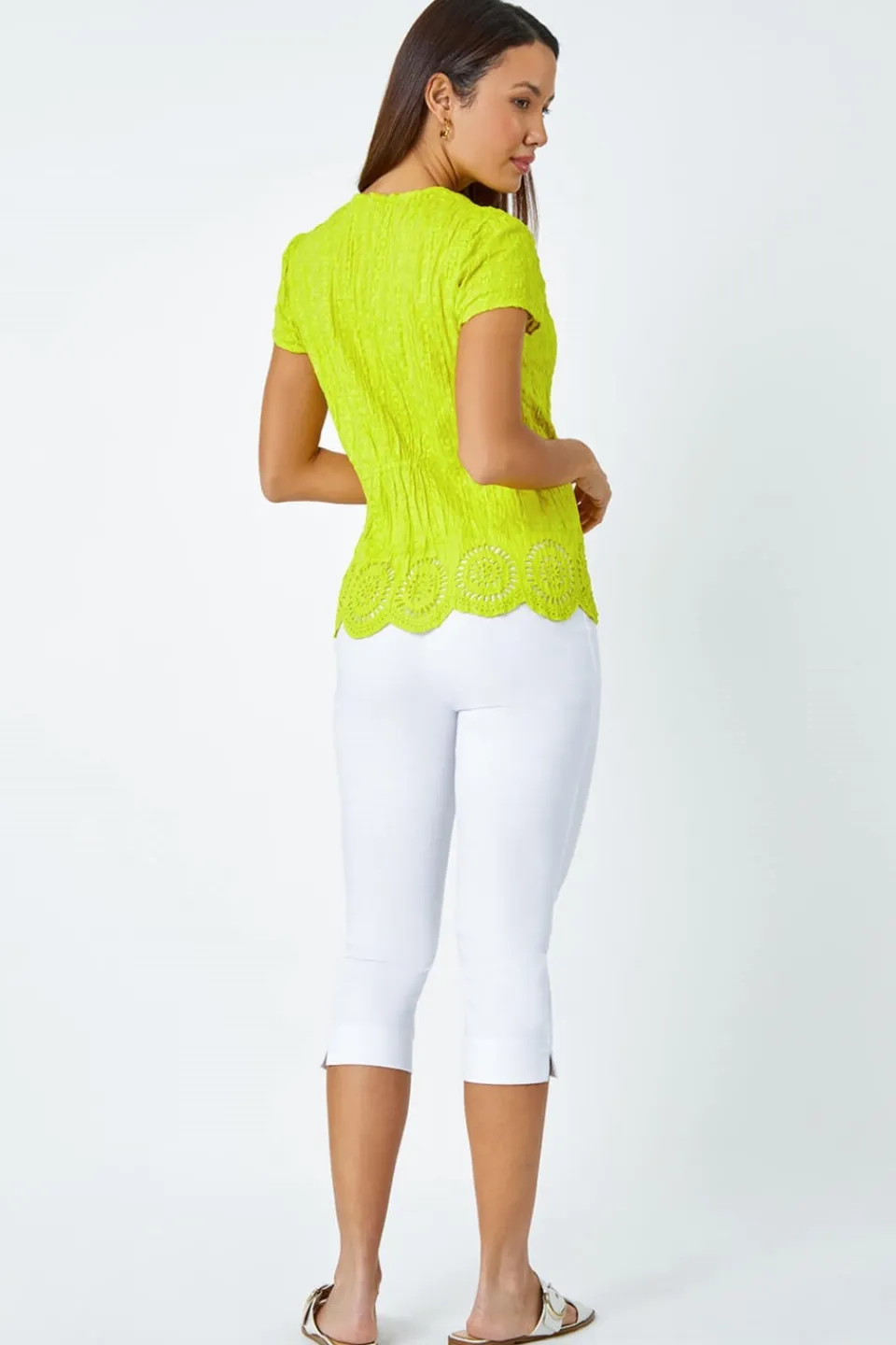 Tops>Roman Lime Cotton Embroidered V-Neck Crinkle Blouse