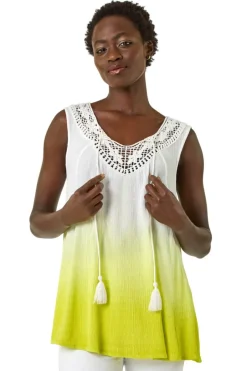 Tops>Roman Lime Cotton Lace Detail Ombre Vest Top