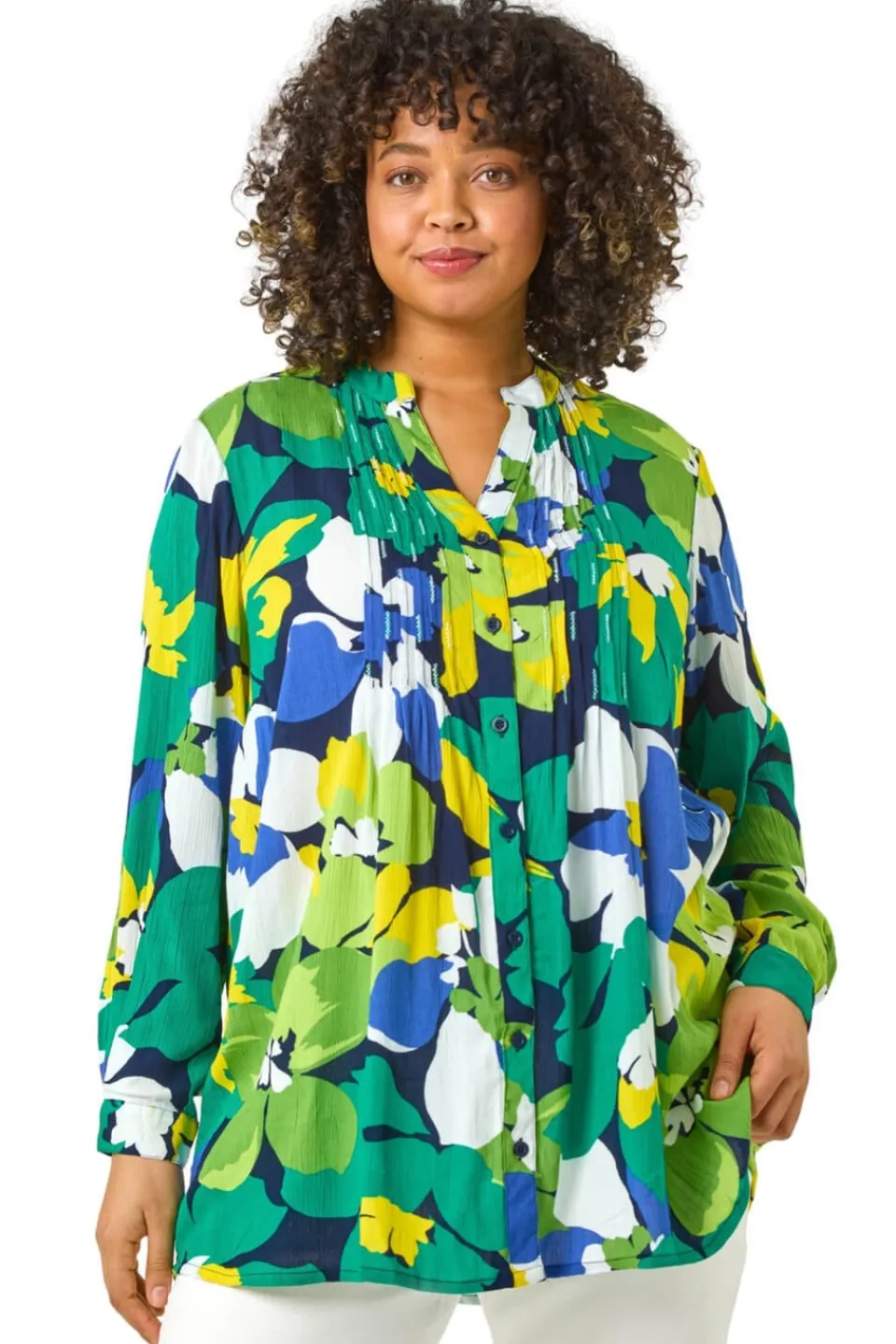 Tops>Roman Lime Curve Floral Print Pintuck Blouse
