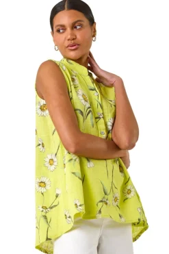 Tops>Roman Lime Daisy Print V Neck Vest