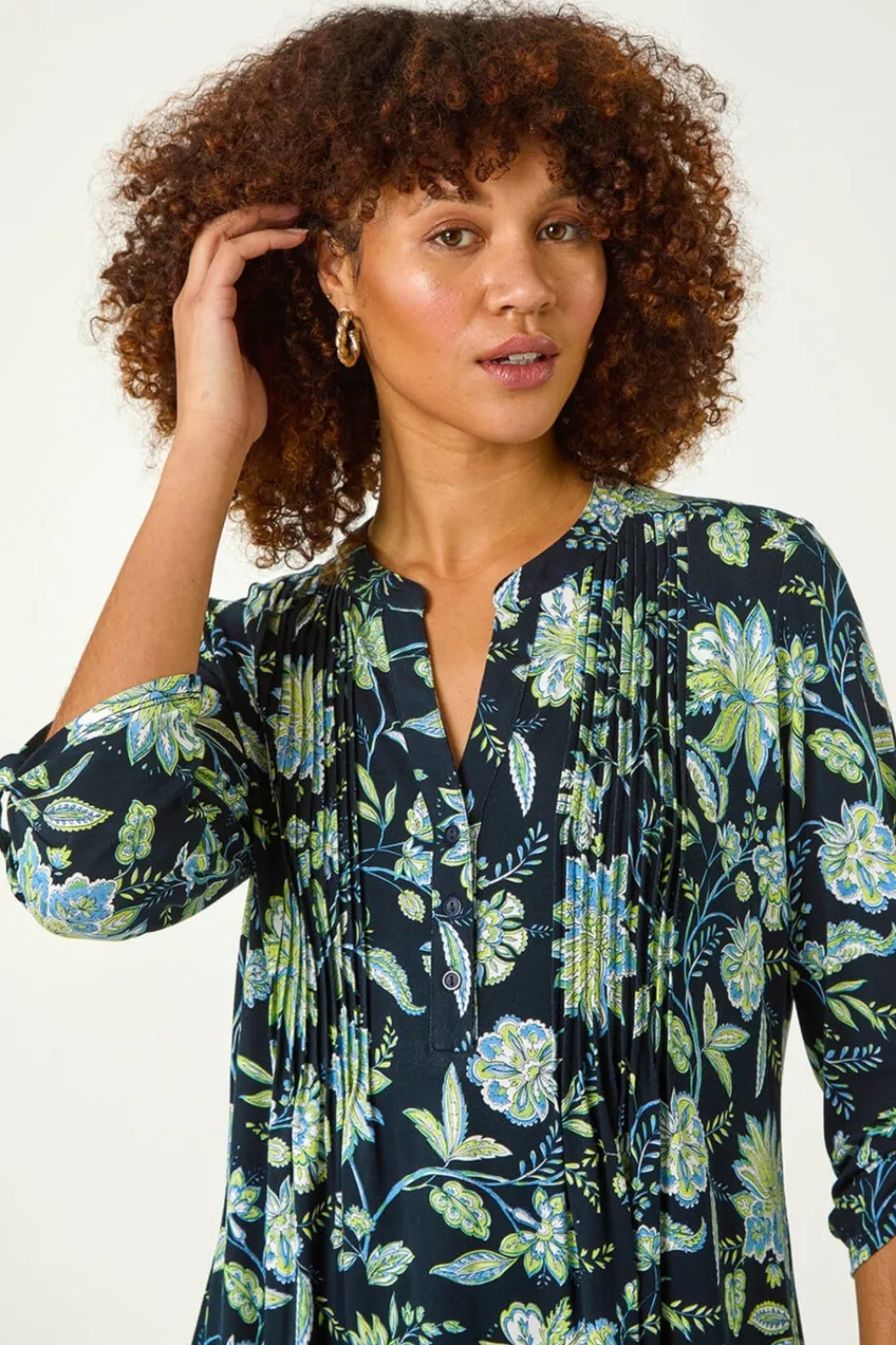 Tops>Roman Lime Floral Print Pintuck Shirt