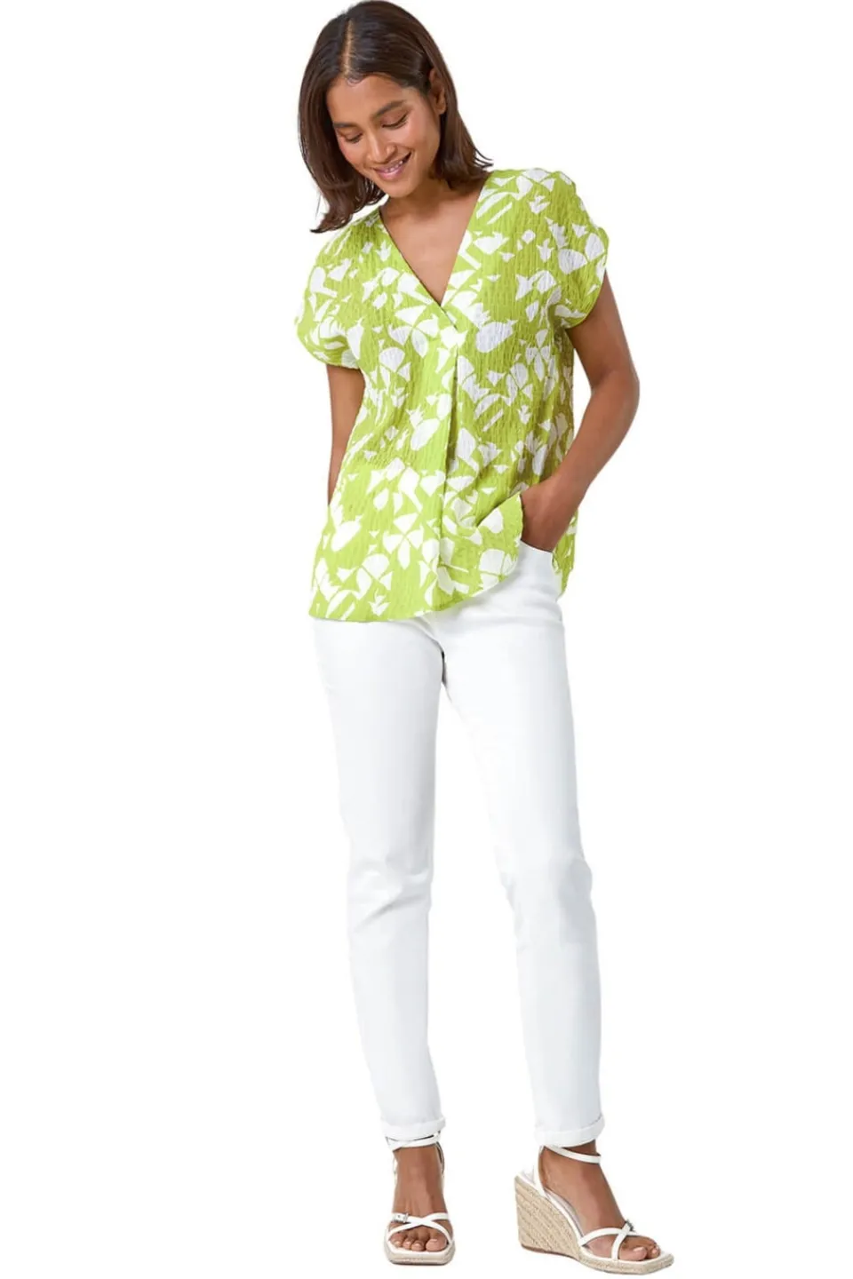 Tops>Roman Lime Geometric Crinkle Textured V-Neck Top