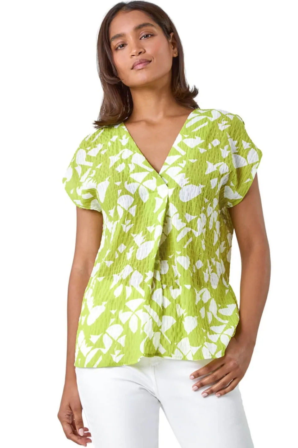 Tops>Roman Lime Geometric Crinkle Textured V-Neck Top