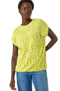 Tops>Roman Lime Ikat Print Bubble Hem Top