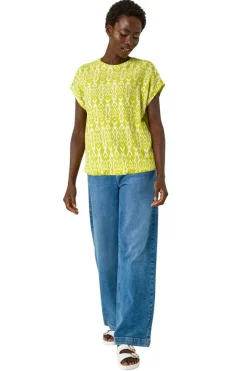 Tops>Roman Lime Ikat Print Bubble Hem Top