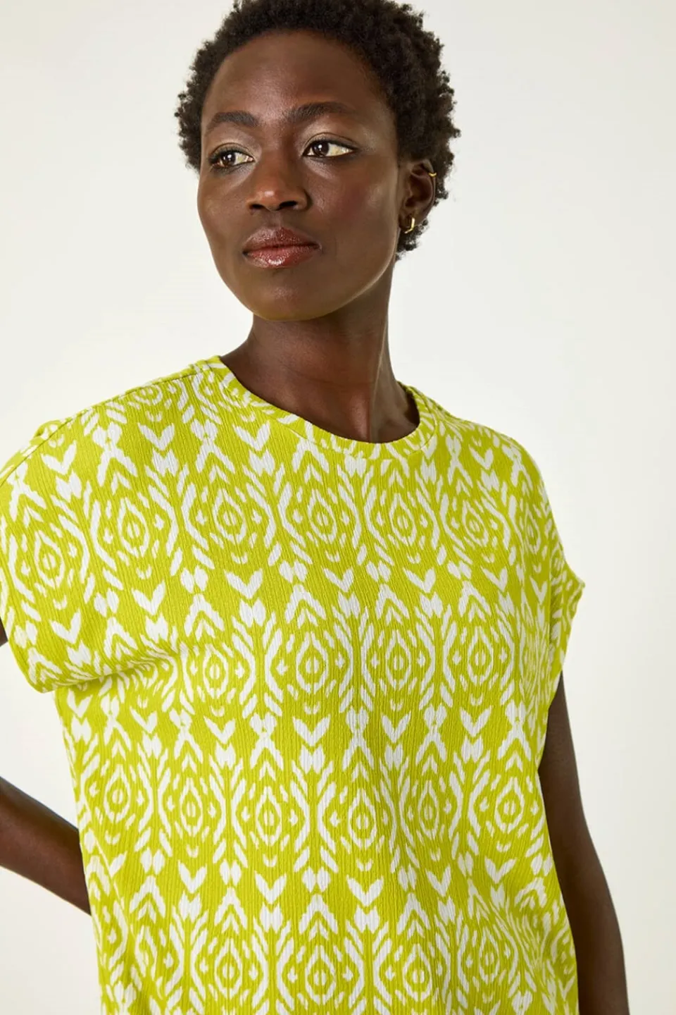 Tops>Roman Lime Ikat Print Bubble Hem Top
