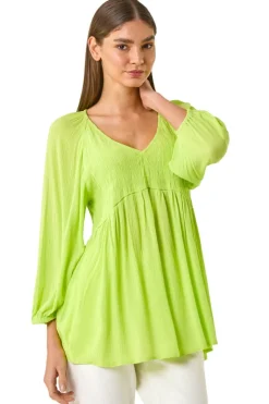 Tops>Roman Lime Shirred V-Neck Top