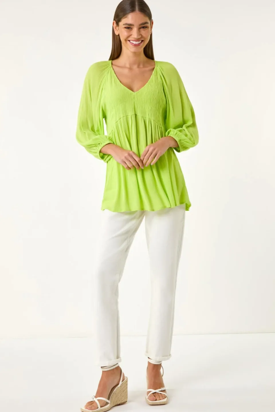 Tops>Roman Lime Shirred V-Neck Top