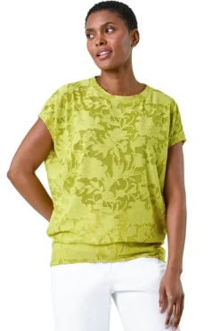 Tops>Roman Lime Textured Floral Stretch Cocoon Top