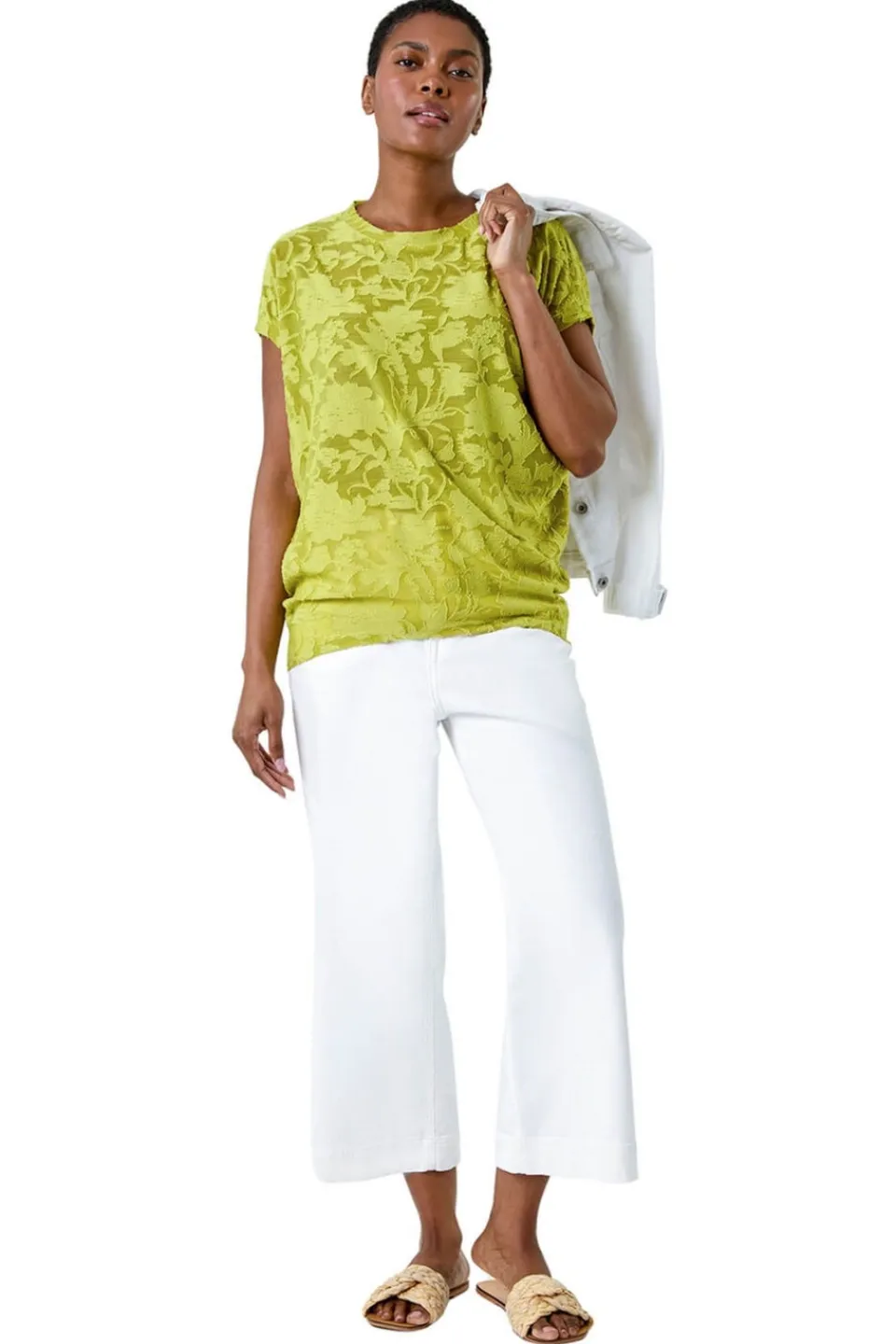 Tops>Roman Lime Textured Floral Stretch Cocoon Top