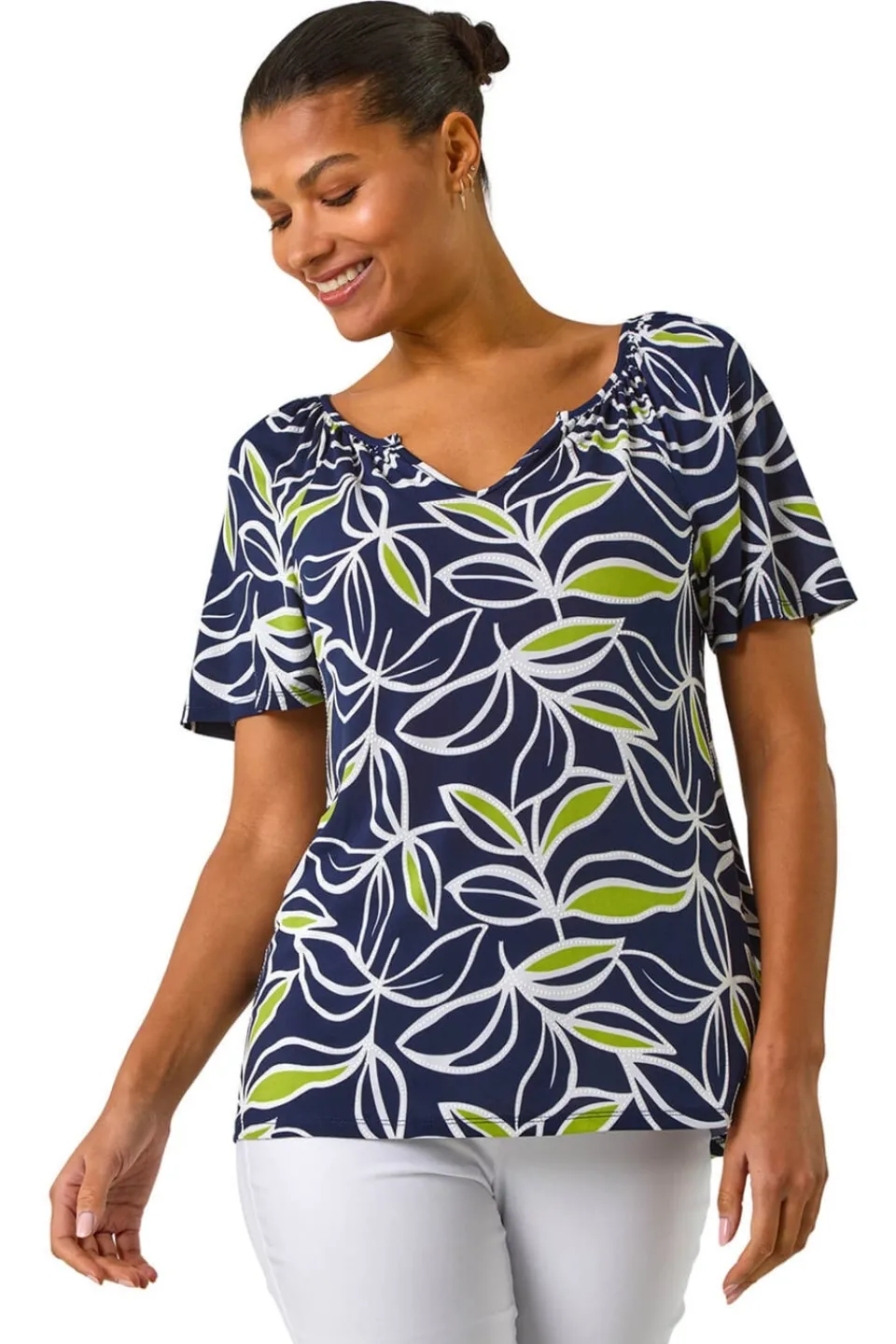 Tops>Roman Lime Textured Leaf Print V-Neck Stretch Top