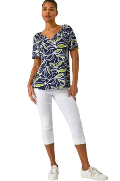 Tops>Roman Lime Textured Leaf Print V-Neck Stretch Top