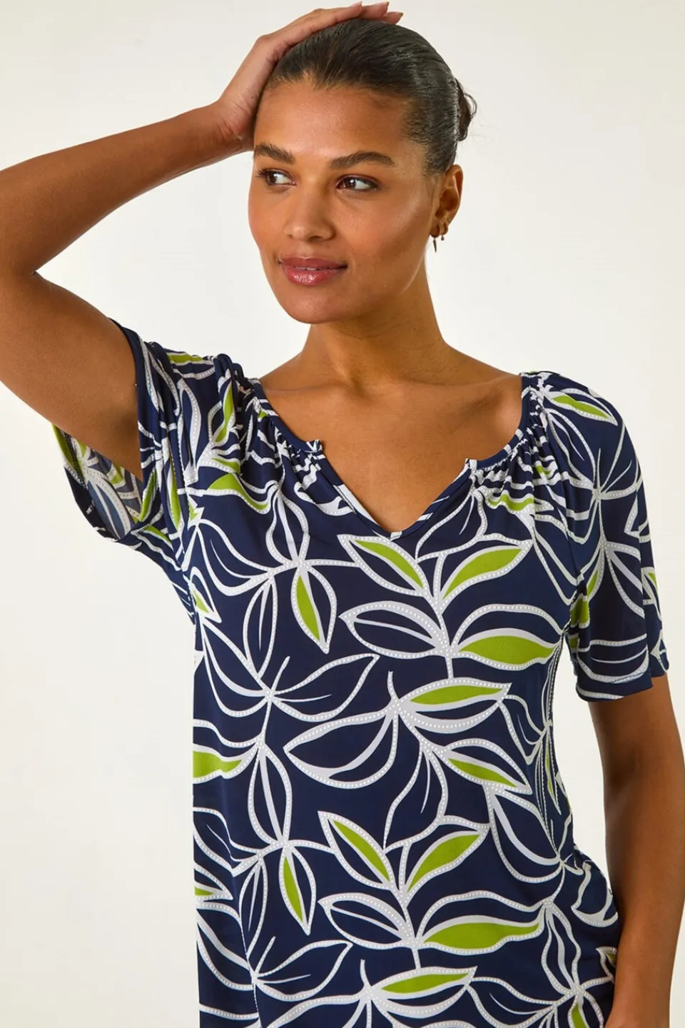 Tops>Roman Lime Textured Leaf Print V-Neck Stretch Top