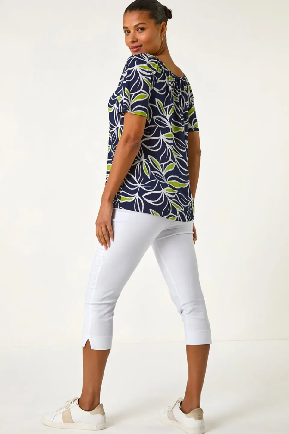 Tops>Roman Lime Textured Leaf Print V-Neck Stretch Top