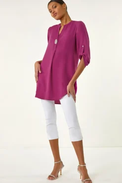 Tops>Roman Button Detail Longline Blouse Magenta