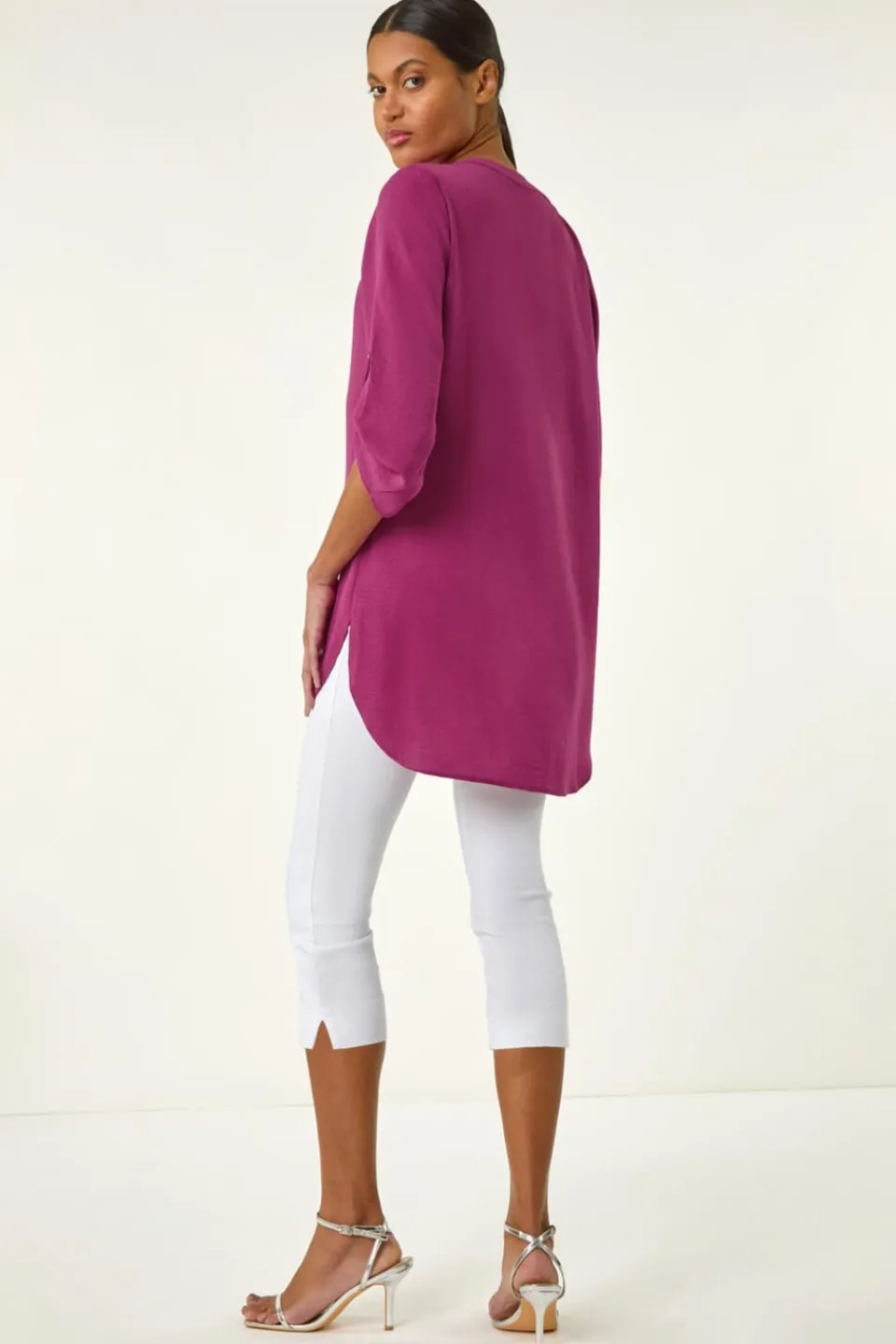 Tops>Roman Button Detail Longline Blouse Magenta
