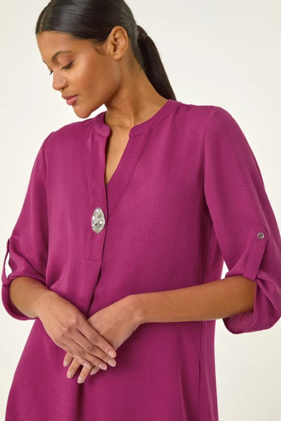 Tops>Roman Button Detail Longline Blouse Magenta