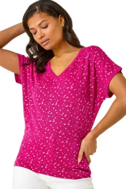 T-Shirts>Roman Magenta Foil Print V-Neck Knitted Top
