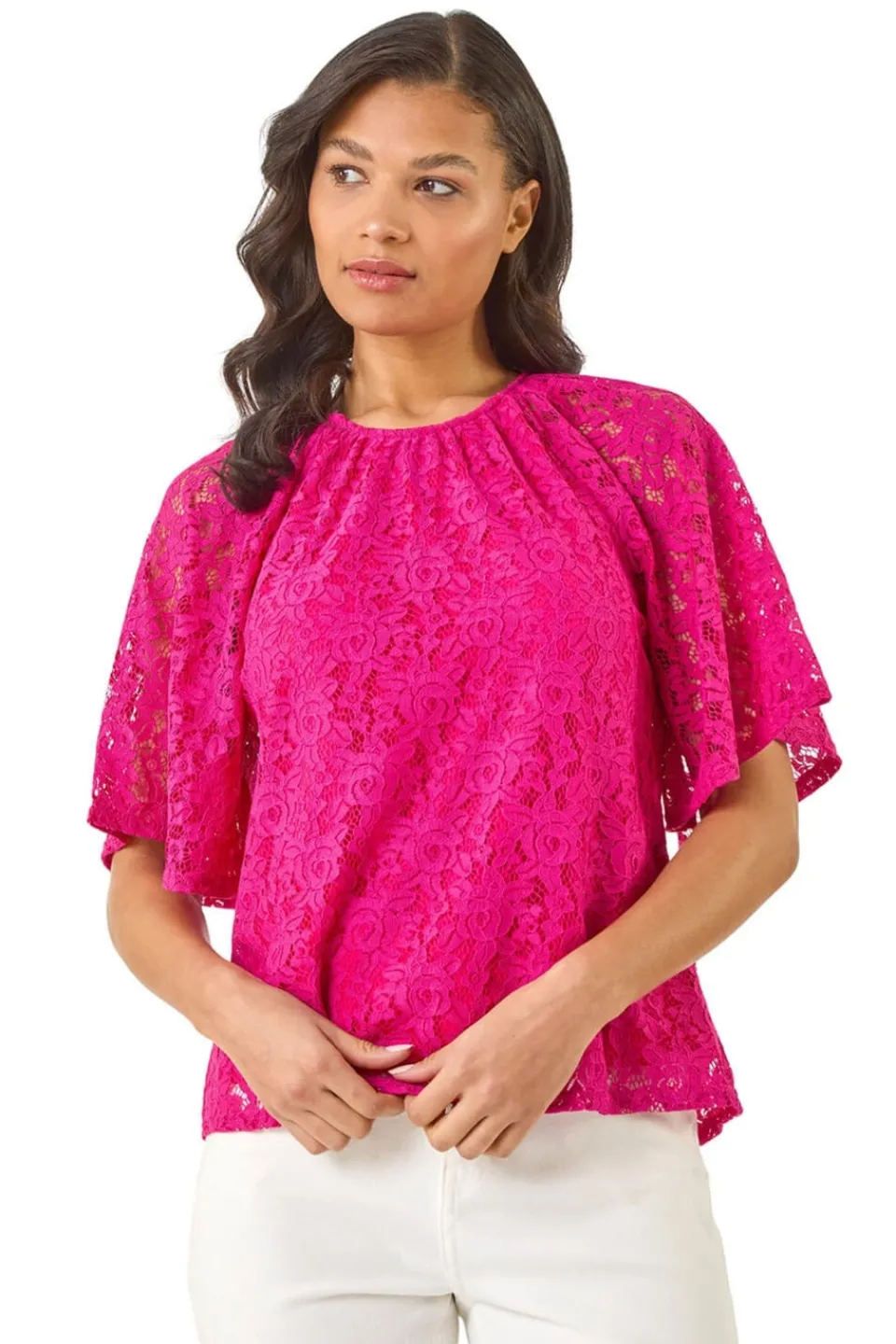 Tops>Roman Magenta Lace Angel Sleeve Stretch Top