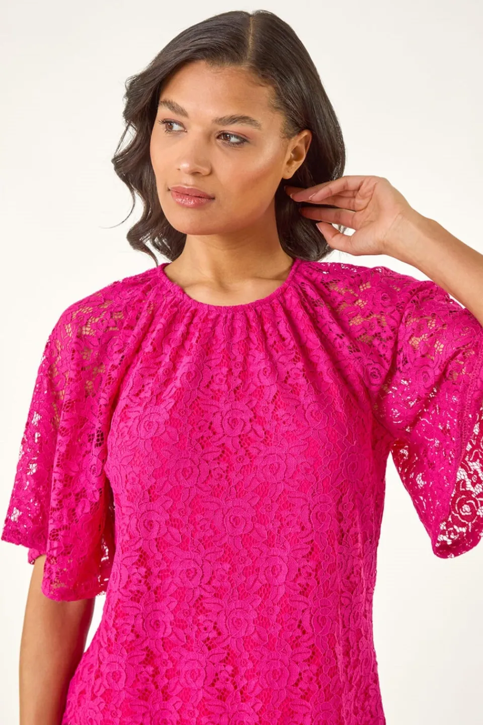 Tops>Roman Magenta Lace Angel Sleeve Stretch Top