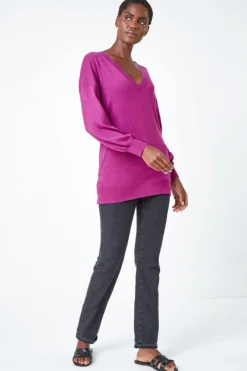 Tops>Roman Stretch V-Neck Longline Jumper Magenta