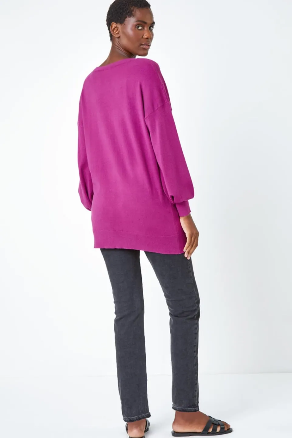 Tops>Roman Stretch V-Neck Longline Jumper Magenta