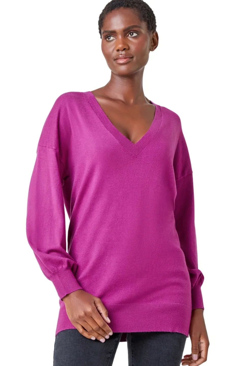 Tops>Roman Stretch V-Neck Longline Jumper Magenta