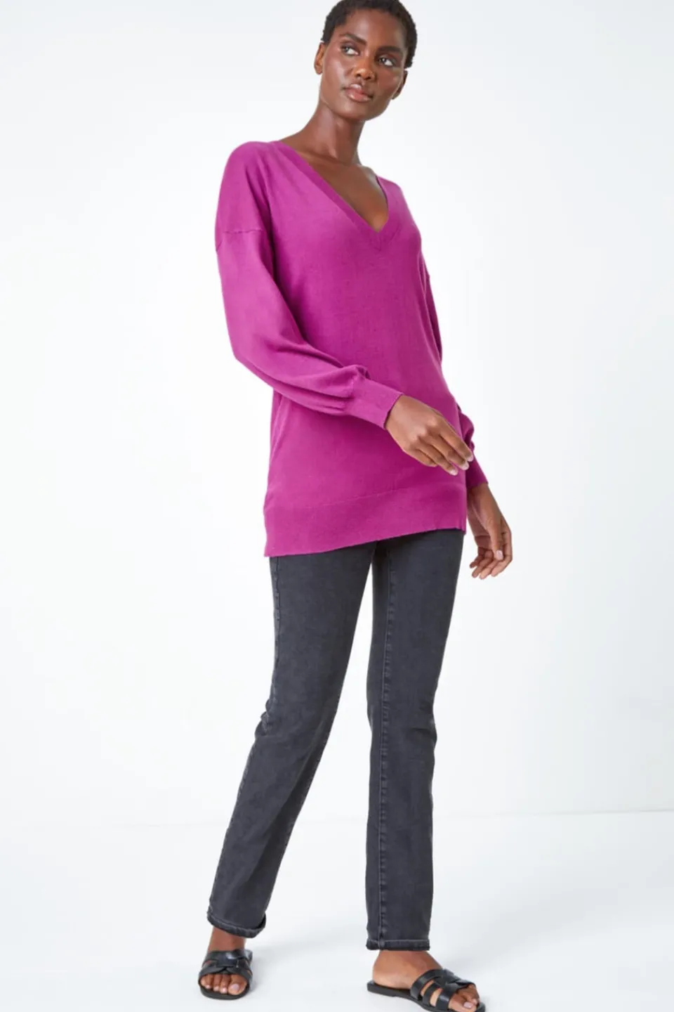 Tops>Roman Stretch V-Neck Longline Jumper Magenta