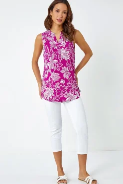 T-Shirts>Roman Magenta Textured Floral Print Sleeveless Top