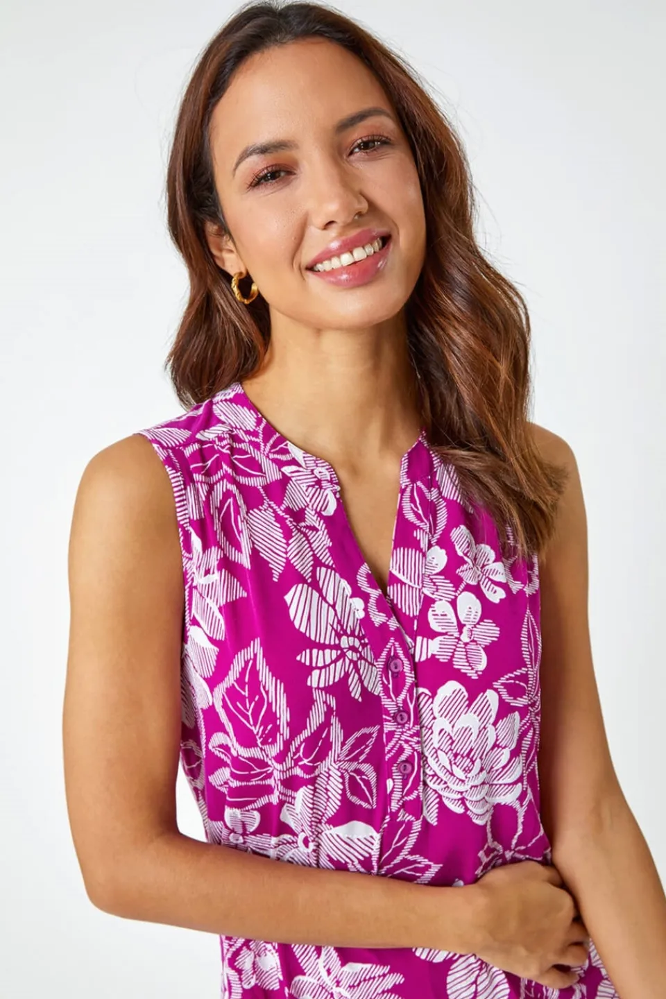 T-Shirts>Roman Magenta Textured Floral Print Sleeveless Top