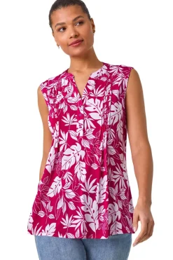 Tops>Roman Magenta Textured Leaf Print Vest Top