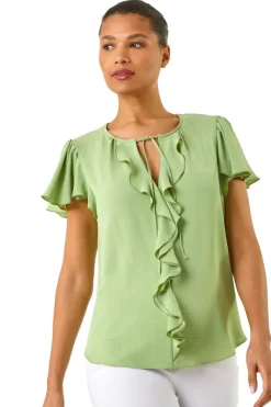 Tops>Roman Mint Frilled Sleeve Tie Front Top