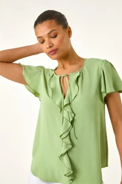 Tops>Roman Mint Frilled Sleeve Tie Front Top