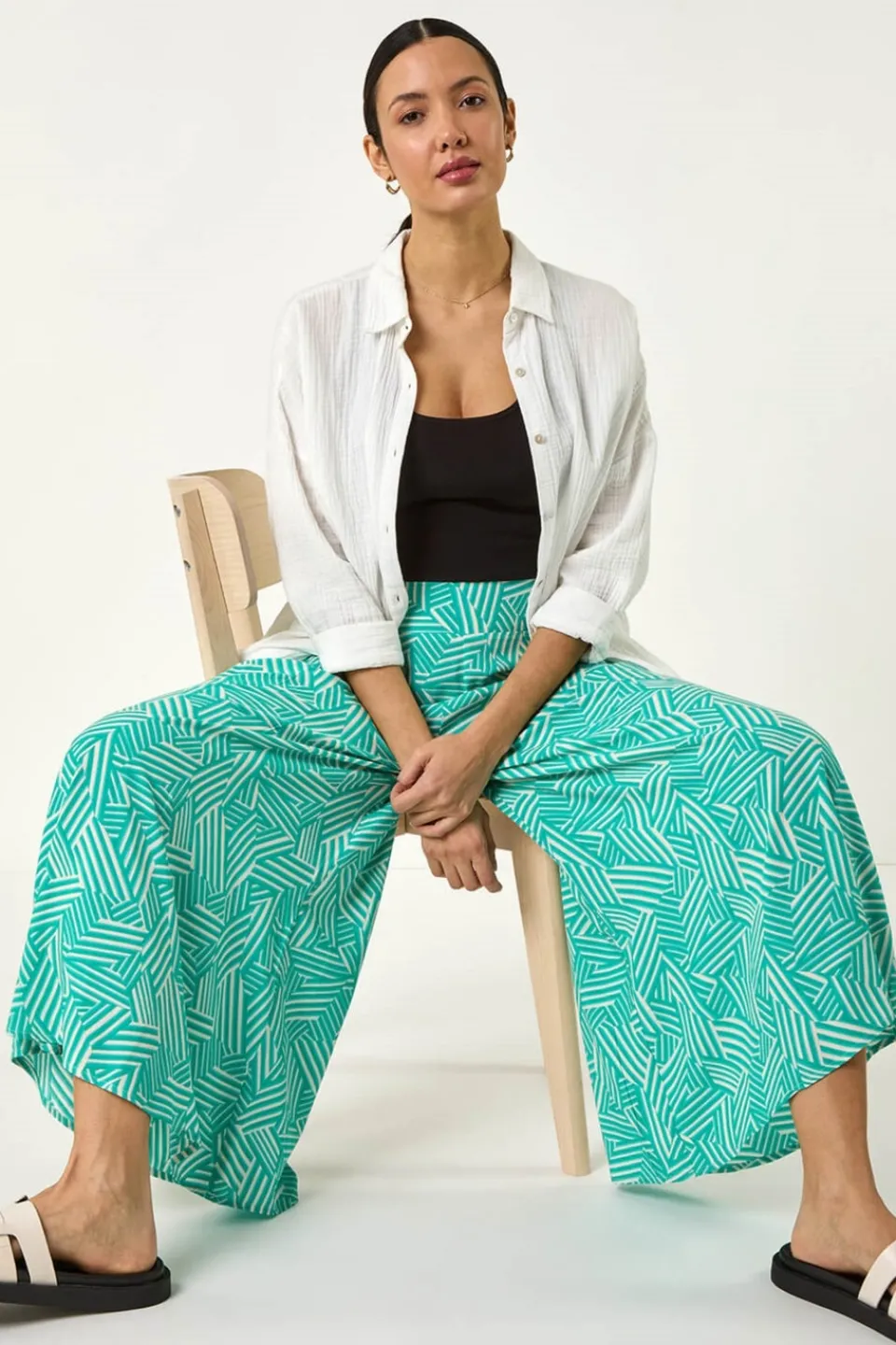 Trousers>Roman Mint Geometric Print Cullotte Trousers