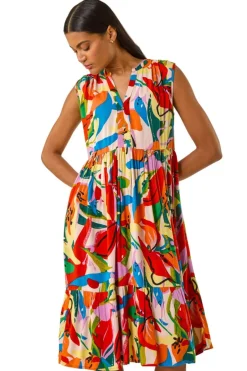 Dresses>Roman Multi Abstract Print Tiered Midi Dress