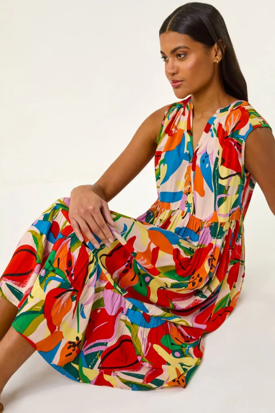 Dresses>Roman Multi Abstract Print Tiered Midi Dress