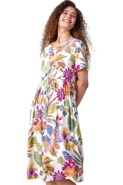 Dresses>Roman Multi Floral Print Cotton Midi Dress