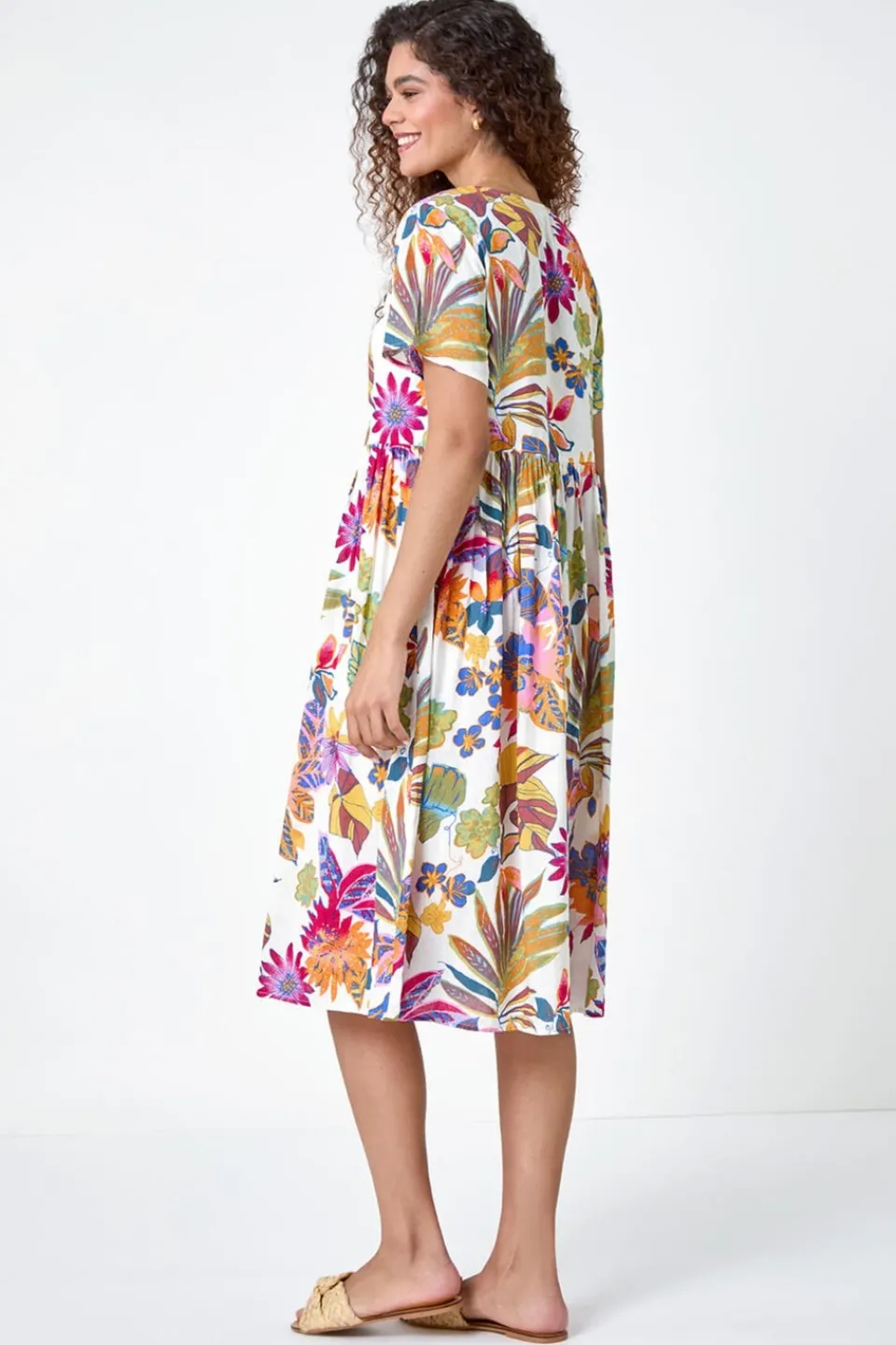 Dresses>Roman Multi Floral Print Cotton Midi Dress