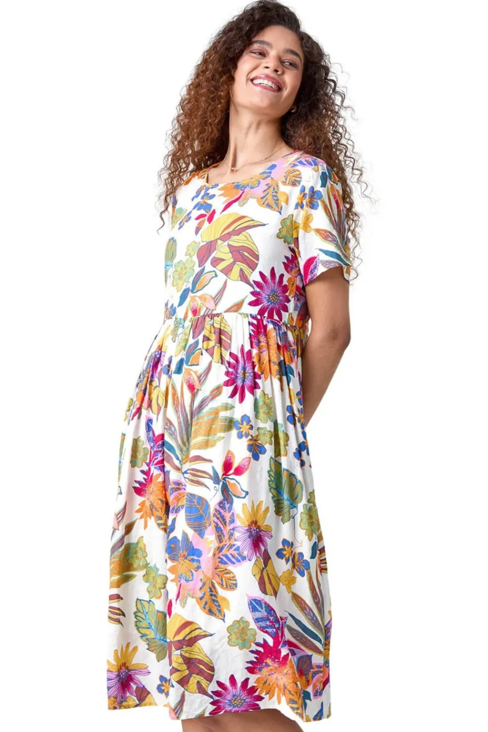 Dresses>Roman Multi Floral Print Cotton Midi Dress