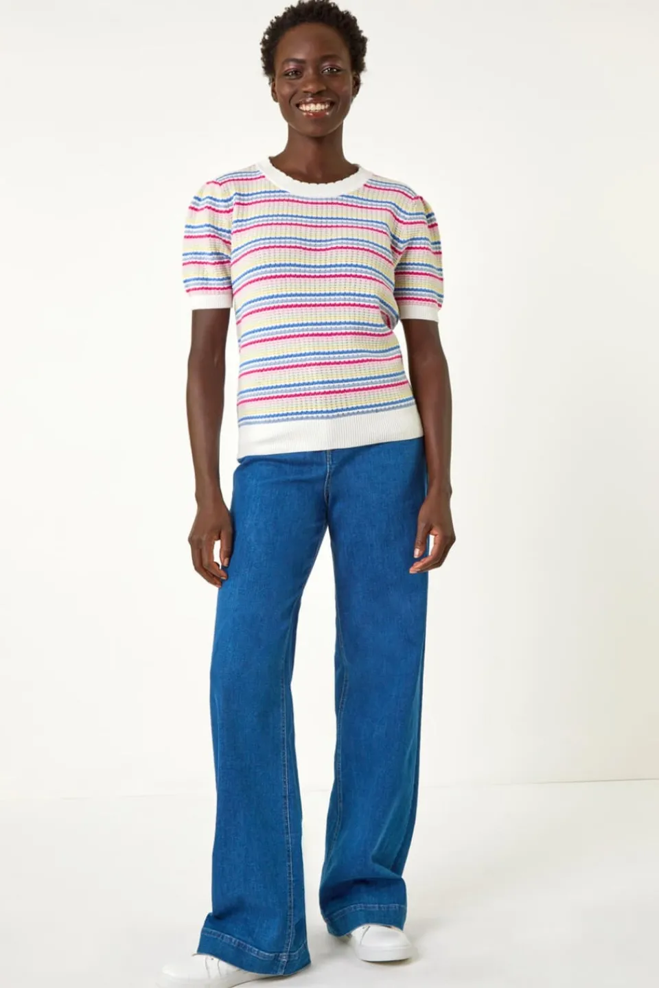 Tops>Roman Multi Scallop Edge Stripe Knit Top