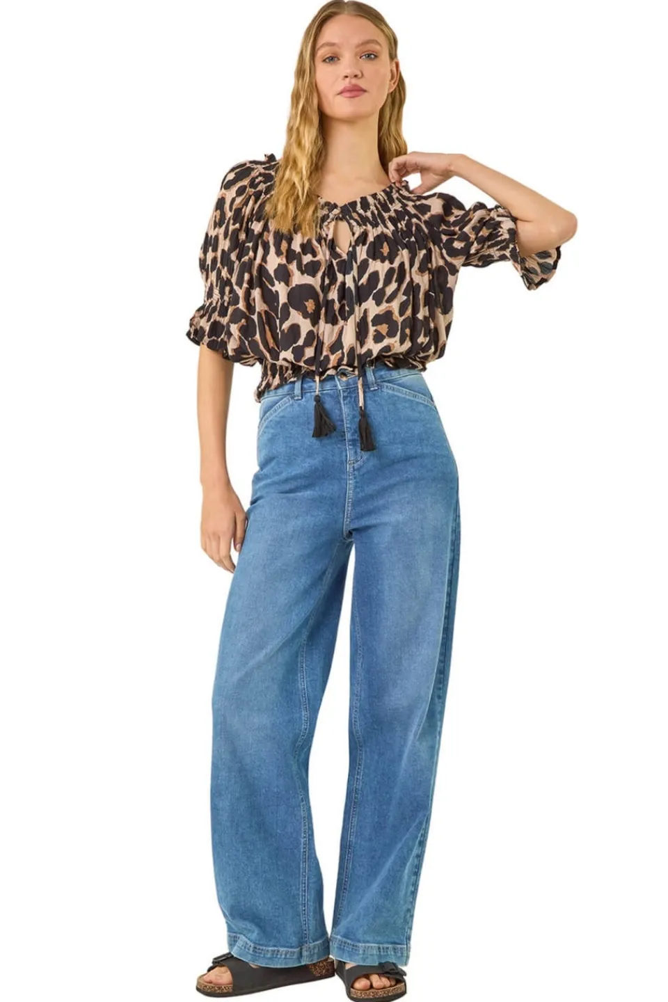 Tops>Roman Natural Animal Print Key Hole Blouse