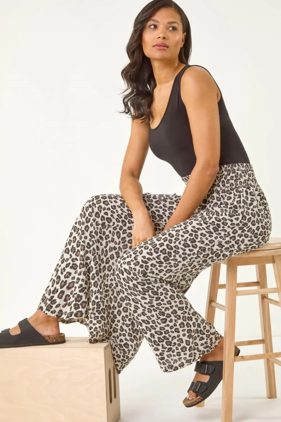 Trousers>Roman Natural Animal Print Wide Leg Trousers